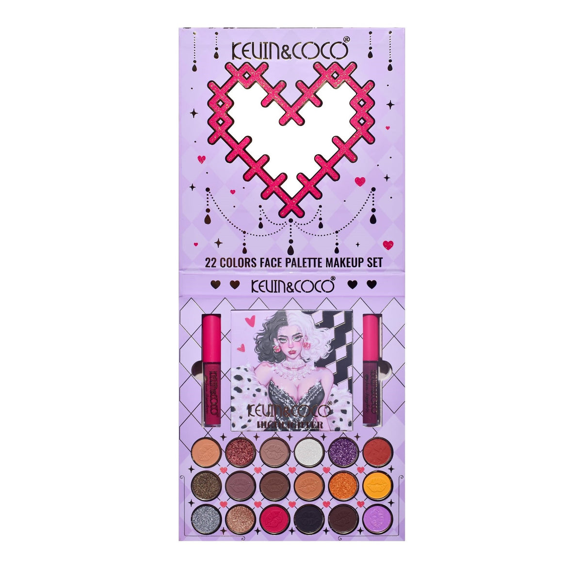 Kevin & Coco Set Machiaj Black-White Witch, Trusa 22 Culori cu 18 Farduri Ochi, 4 Iluminatoare si 2 Rujuri Lichide, Pigmenti Mate si Sidefati, 19.7 x 21.2 x 2.5 cm