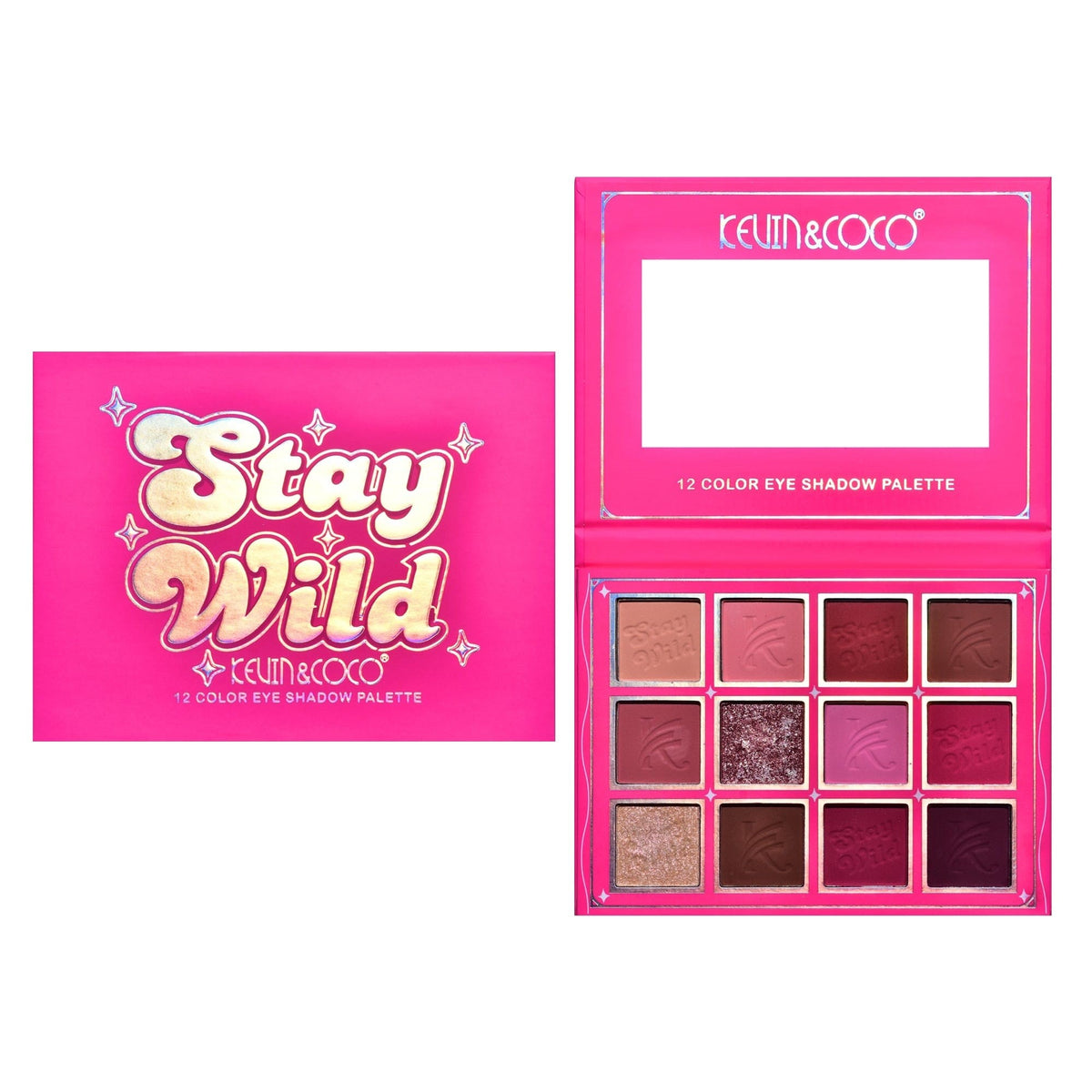 Kevin & Coco Paleta Machiaj Stay Wild, Fard de Pleoape Intens Pigmentat, Texturi Mate Sidefate si Glitter, 12 Culori, 13.2 g