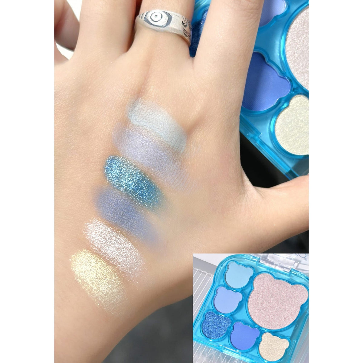 Kevin & Coco Set Machiaj Ice Blue Bear, Paletă 5 Farduri de Ochi, Iluminator, Blush Lichid și Ruj Creion, 6 Culori Mate și Sidefate, 15.5 x 13 x 3.4 cm