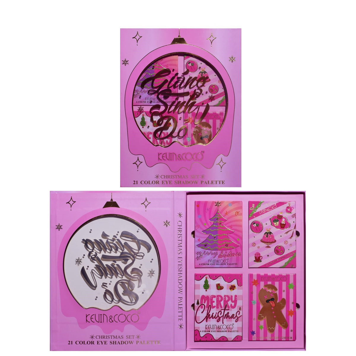 Kevin & Coco Set 4 Palete de Machiaj Christmas Jingle, 18 Farduri de Pleoape si 3 Iluminatoare, Pigmentate Mate si Sidefate, 21 Culori, 27.3 x 20.8 x 2.4 cm