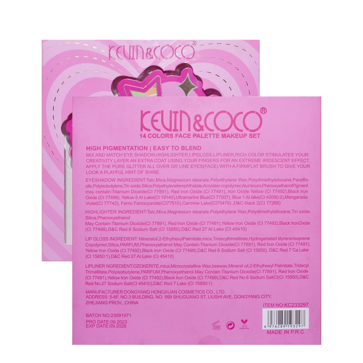 Kevin&Coco Set Machiaj Red Heart, Paleta 14 Culori cu 12 Farduri Pleoape si 2 Iluminatoare, Include Ruj Lichid, Creion de Buze si Ascutitoare, Nuante Mate si Glitter, 21 x 20.5 x 2.2 cm