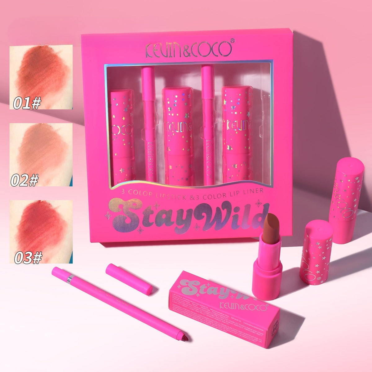 Kevin & Coco Set Buze Stay Wild, 3 Rujuri Hidratante si 3 Creioane Contur, Finisaj Catifelat, Formula Cruelty-Free, Nuante Calde, 6 Piese