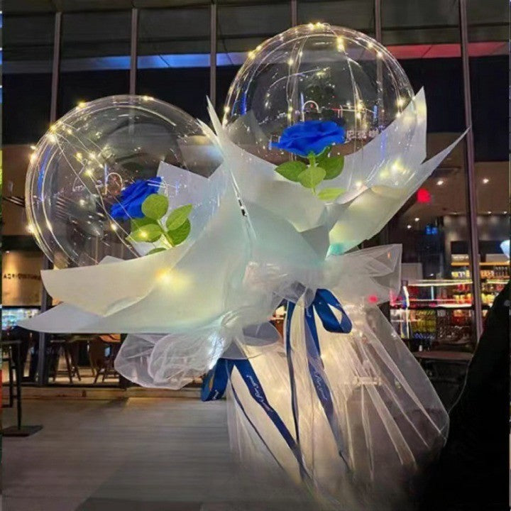 Trandafir Albastru In Balon Transparent Cu Lumini LED, Buchet Cadou Decorativ, Banda 3 m, Diametru 35 cm