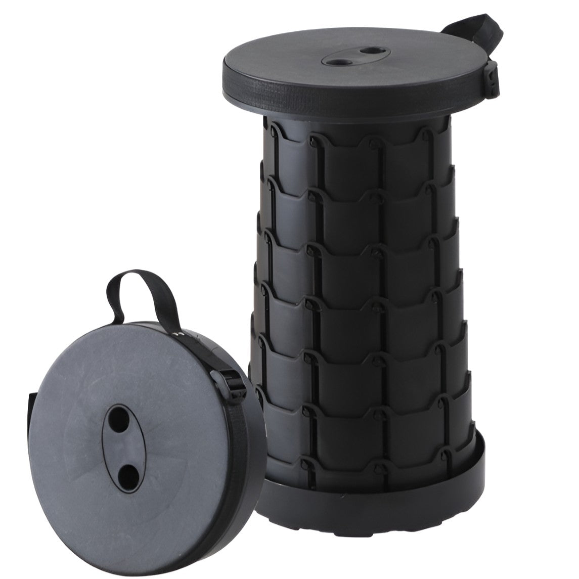 Scaun Telescopic Pliabil pentru Camping si Pescuit, Taburet Portabil cu Inaltime Reglabila, Nailon si ABS, Sarcina Maxima 150 kg, Diametru 25 cm, Negru