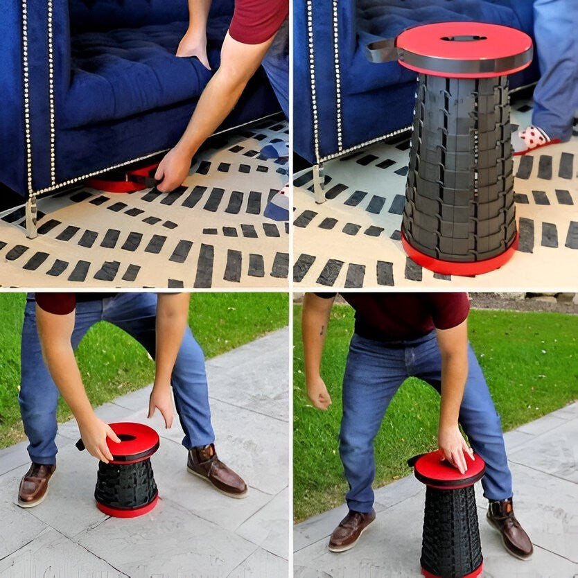 Scaun Telescopic Pliabil pentru Camping si Pescuit, Taburet Extensibil Portabil, Inaltime Reglabila 6-45 cm, Sarcina Maxima 150 kg, ABS si Nailon, Diametru 25 cm, Rosu-Negru