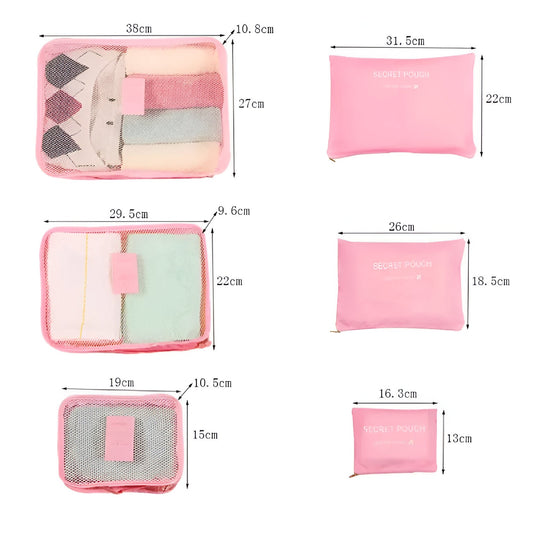Set Organizatoare Bagaj Pentru Călătorie, Genți Depozitare Impermeabile cu Plasă și Fermoar, Material Nailon Pliabil, Set 6 Piese, Roz