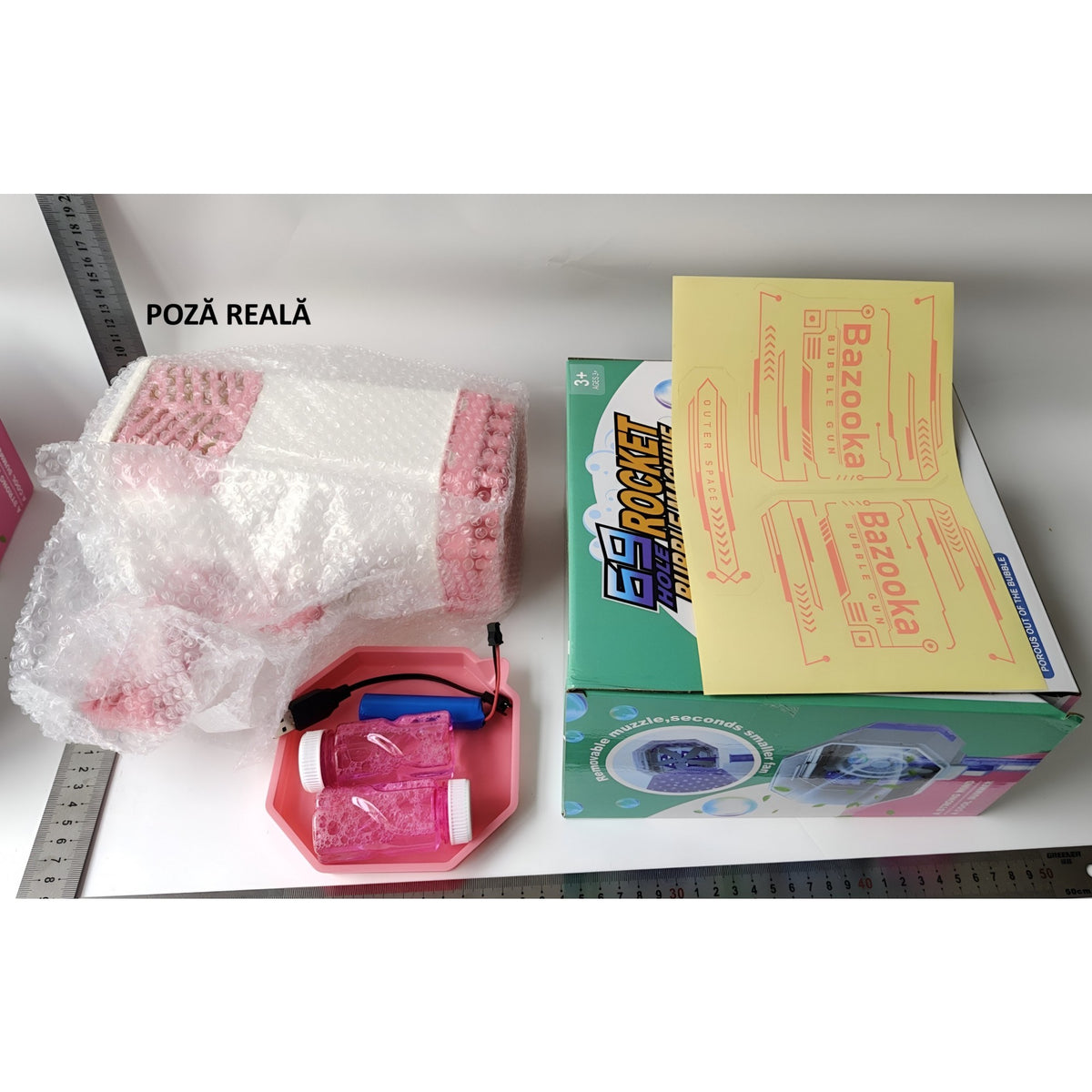 Pistol Pentru Baloane De Săpun, 69 Găuri Cu Lumini Colorate, Set Cu Lichid Și Baterie Li, Plastic, 24x14x24 cm, Roz