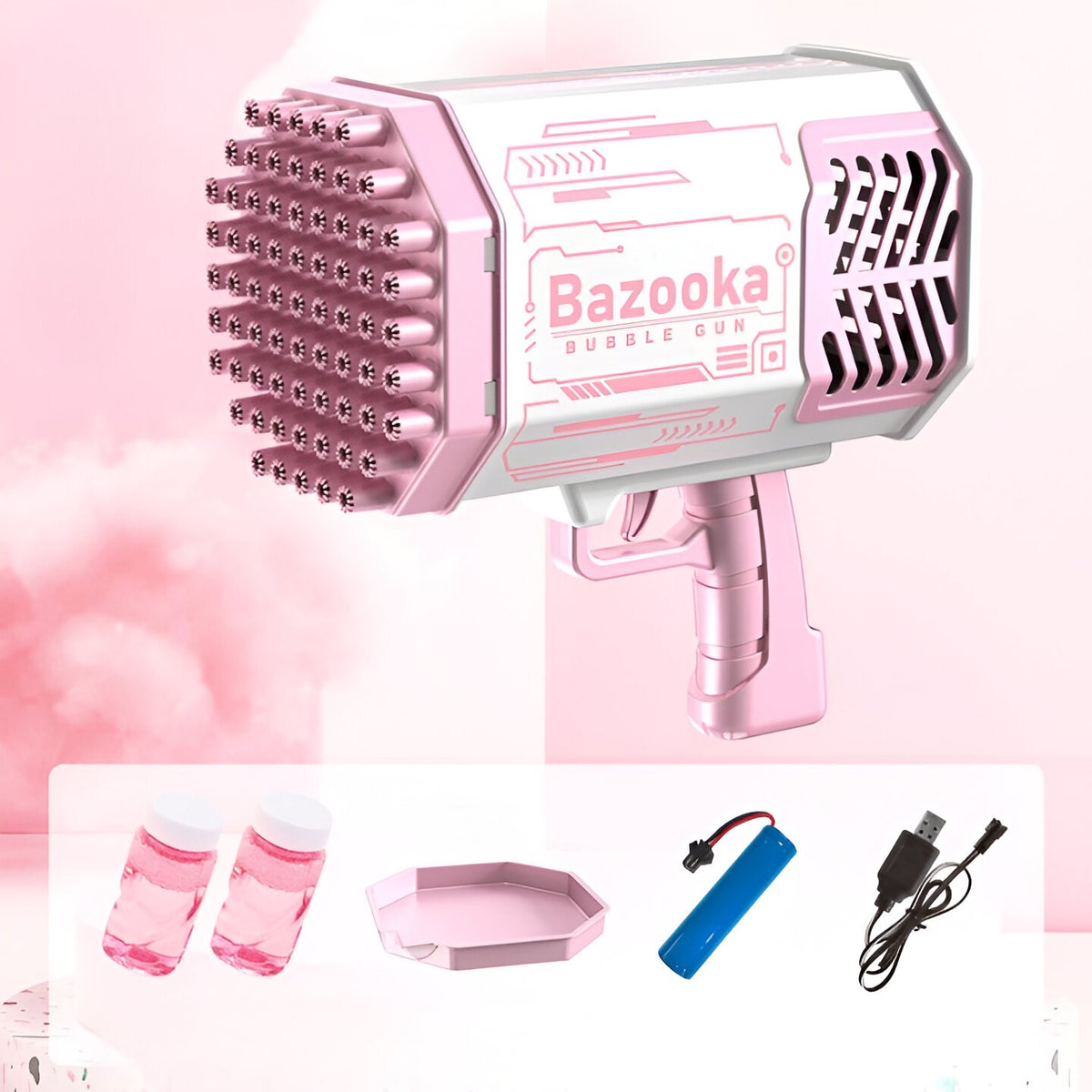 Pistol Pentru Baloane De Săpun, 69 Găuri Cu Lumini Colorate, Set Cu Lichid Și Baterie Li, Plastic, 24x14x24 cm, Roz