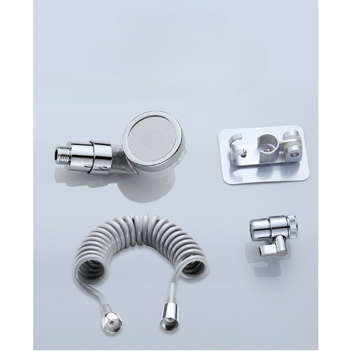 Set Extensie Dus Pentru Robinet Baie Si Bucatarie, Filtru Ioni Negativi Si Furtun Flexibil, ABS Si Crom, 4 Piese, 1.5 Metri, Argintiu