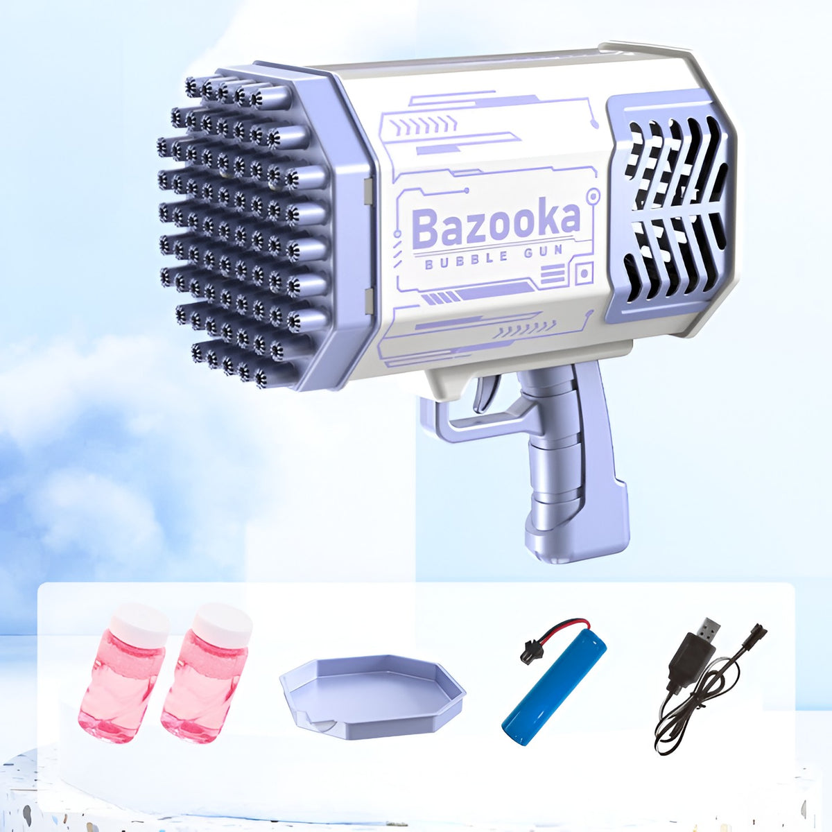 Pistol Pentru Baloane De Săpun, Automat Cu 69 Găuri Și Lumini Colorate, Plastic, Mov, Set Cu Baterie Li, Lichid Și Cablu De Încărcare, 24x14x24 cm