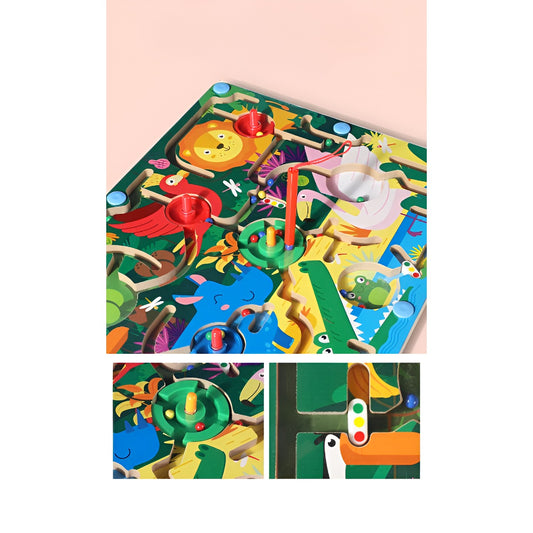 Joc Montessori de Sortare Culori, Labirint Magnetic cu Animale Salbatice, Jucarie Educativa de Dexteritate, Lemn Natural, Multicolor, 39x29x1.5 cm