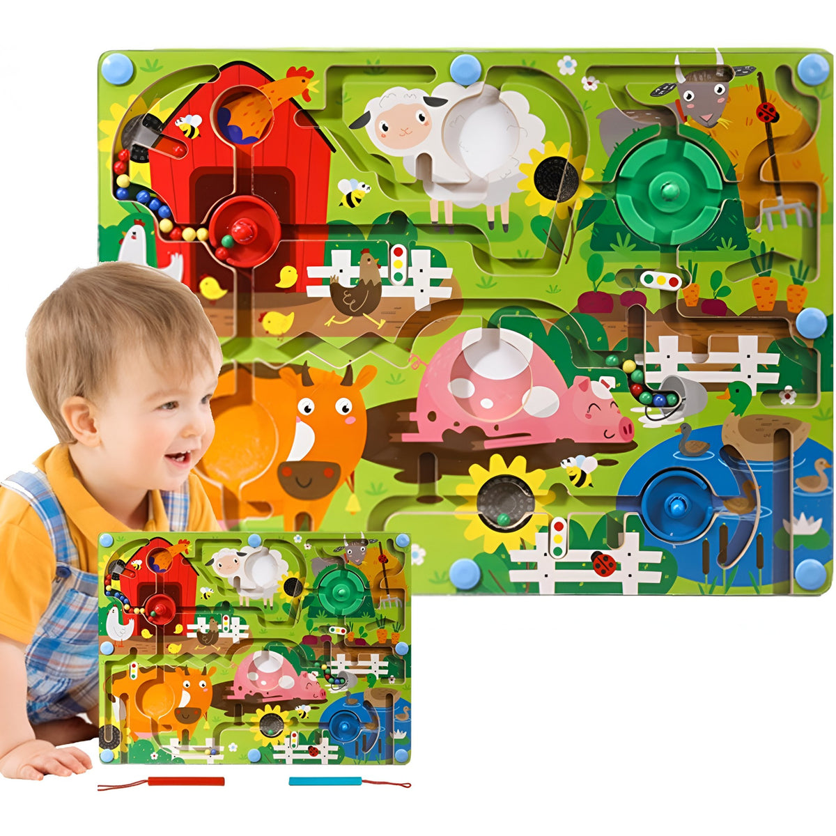 Joc Montessori de Sortare Culori si Labirint Magnetic, Jucarie Educativa de Dexteritate, Model Ferma cu Animale, Lemn Natural, 39x29x1.5 cm