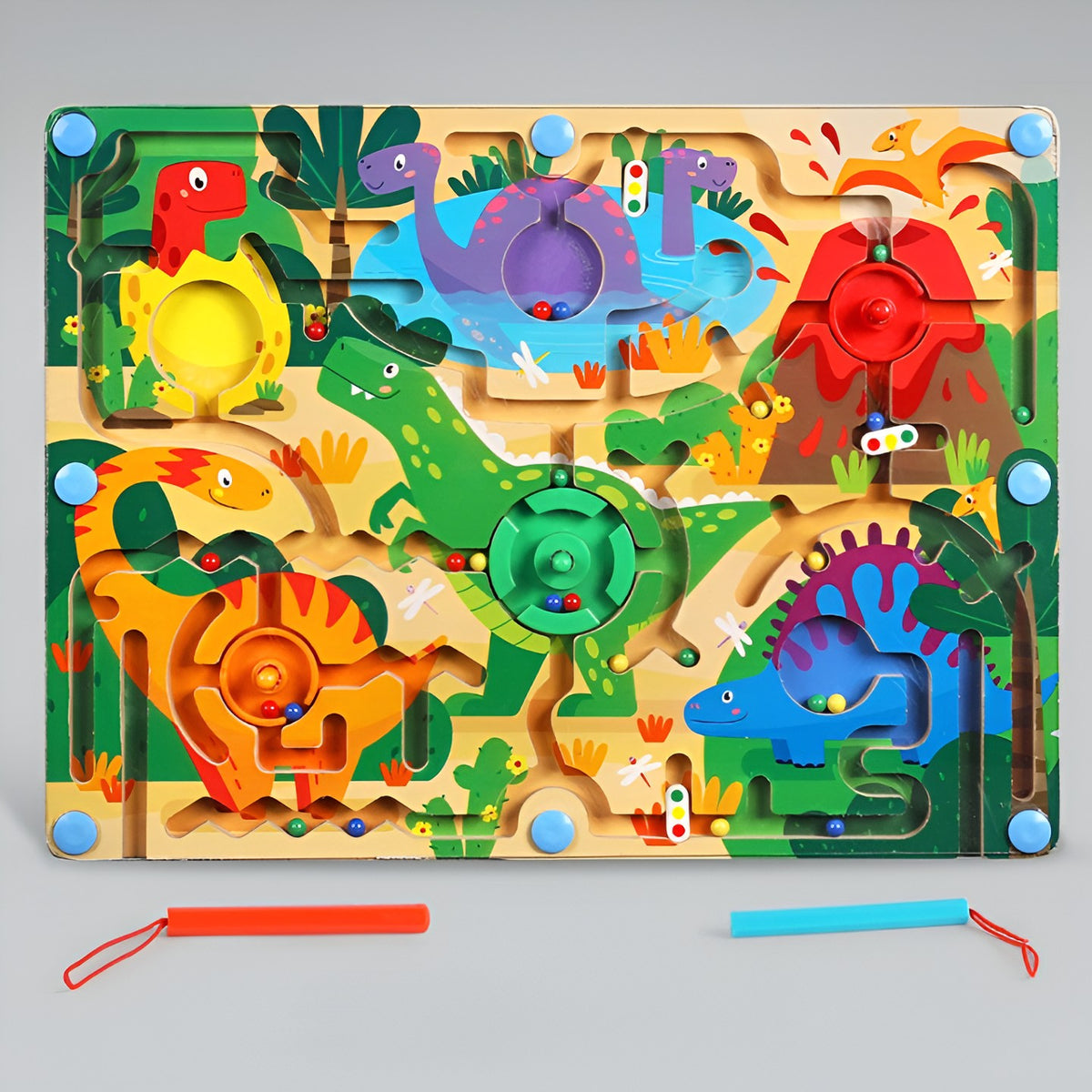 Joc de Sortare Culori din Lemn Montessori, Berbis, Model Dinozauri, Creion Magnetic, Tip Labirint Ilustrat, 39x29x1.5 cm
