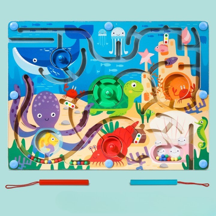 Joc de Sortare Culori din Lemn tip Montessori, Berbis, Model Animale Marine, Creion Magnetic, Tip Labirint Ilustrat, 39x29x1.5 cm