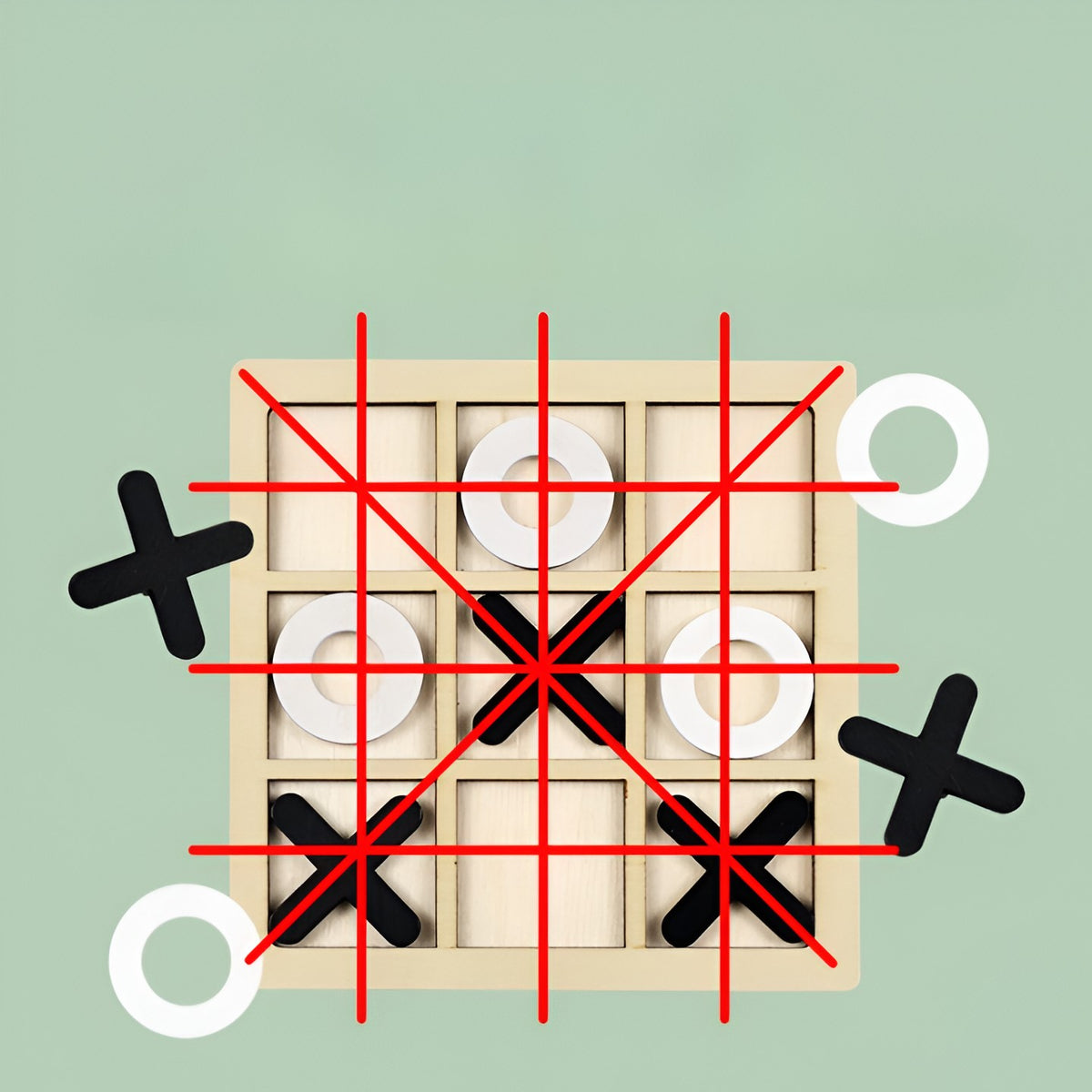 Joc Montessori Tic Tac Toe, Puzzle Educativ si Interactiv X si 0, Lemn, 9 Piese, 14.3x14.3 cm, Alb/Negru