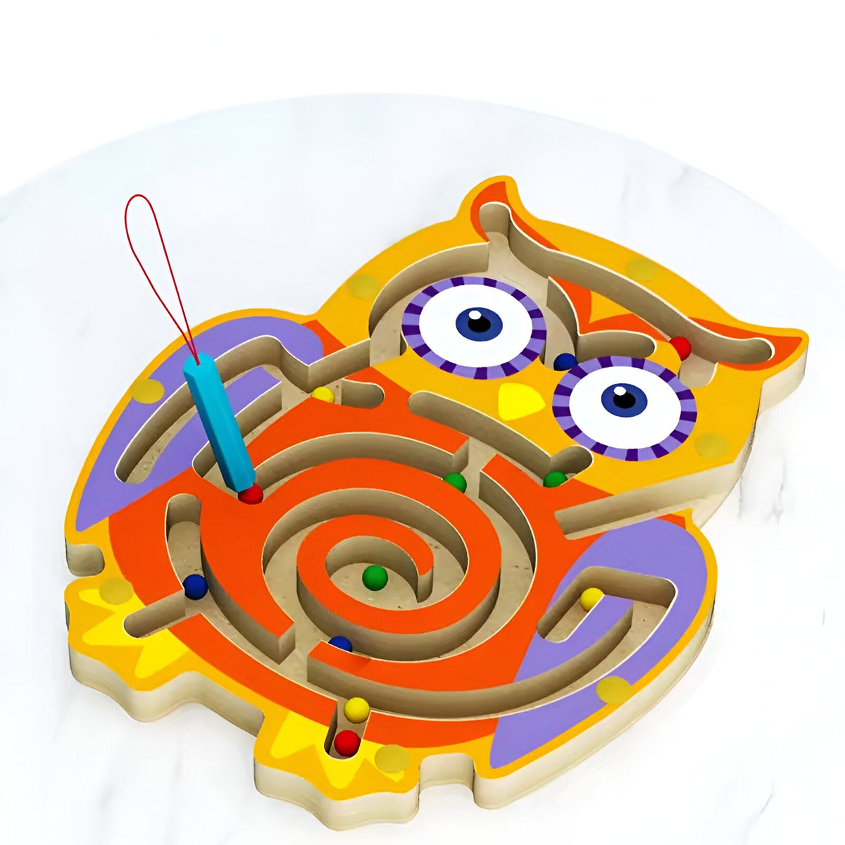 Joc cu Bile din Lemn tip Montessori, Berbis, Model Bufnita, Creion Magnetic, Tip Labirint, din Lemn, 18.5x17.5 cm, Portocaliu-Mov