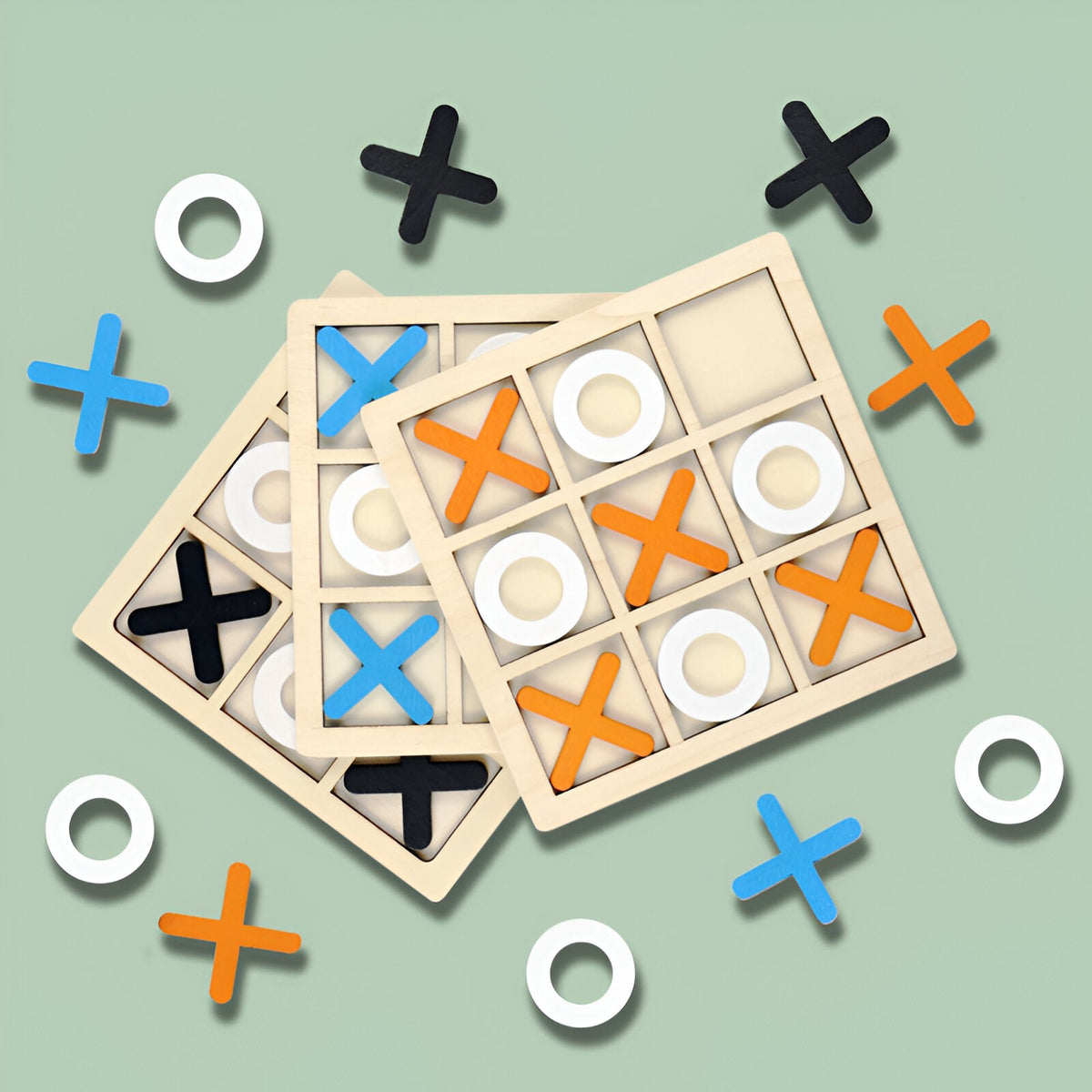 Jucarie din lemn Tic Tac Toe tip Montessori, Berbis, Educativa, Interactiva, X si O, 9 Piese, 14.3x14.3 cm, Portocaliu Alb