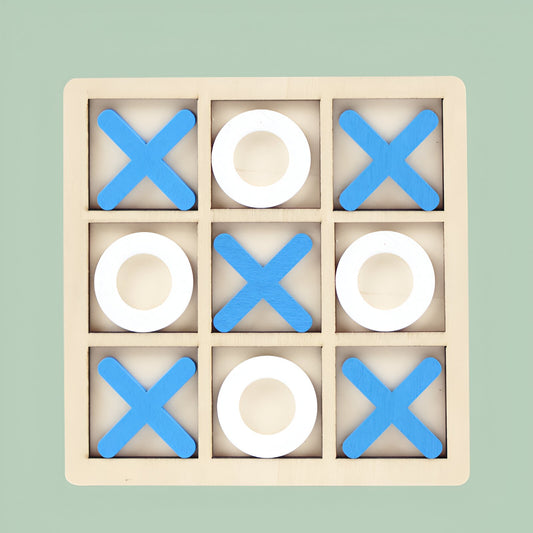 Jucarie Montessori Tic Tac Toe, Joc Educativ X si 0, Puzzle pentru Dezvoltarea Logicii, Lemn, 9 Piese, 14.3x14.3 cm, Albastru/Alb