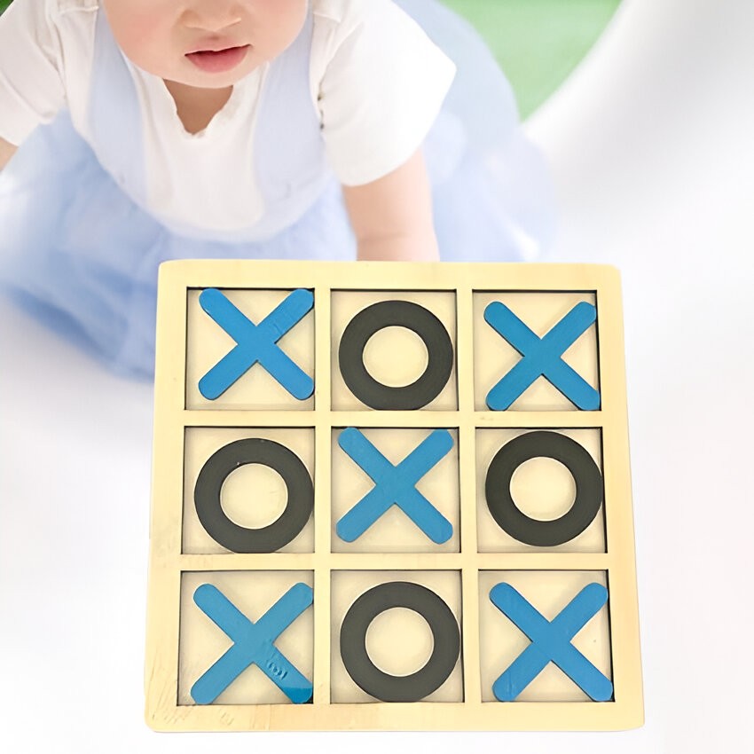 Joc Montessori Tic Tac Toe, Puzzle Educativ X si 0 pentru Dezvoltarea Logicii, Interactiv, Lemn, 9 Piese, 14.3x14.3 cm, Albastru/Negru