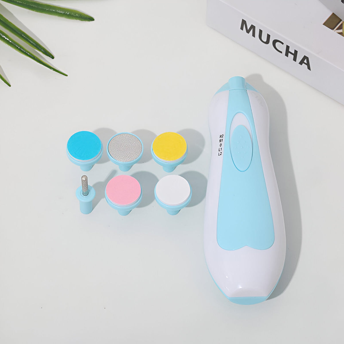 Pila Electrica Unghii pentru Bebelusi si Copii, Set Manichiura cu Motor Silentios si Lumina LED, Material ABS, 6 Capete Inlocuibile, Albastru/Alb