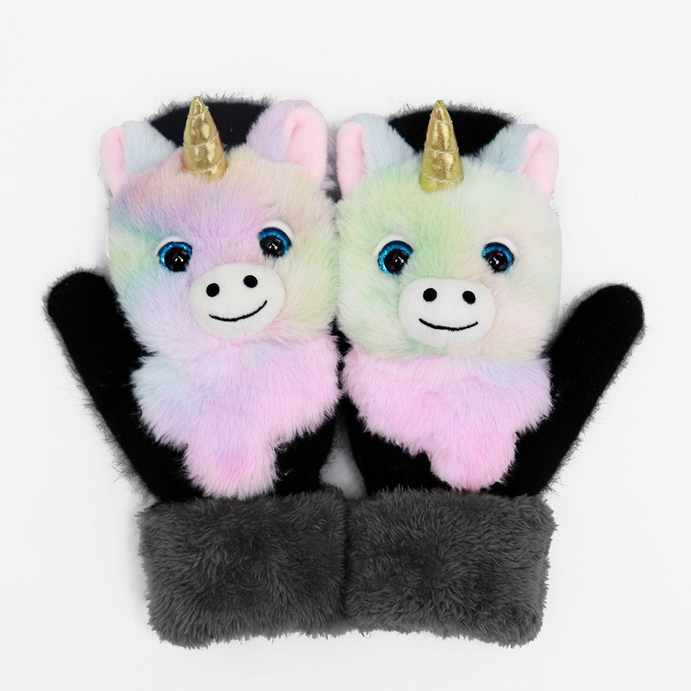 Manusi Iarna pentru Copii, Model Unicorn 3D, Protectie Termica si Anti-vant, Plus Moale cu Umplutura Bumbac, Roz si Negru, 24 x 20 x 3 cm