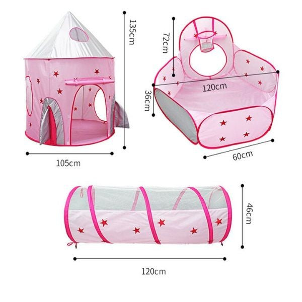 Set de Joaca pentru Copii 3-in-1, Cort Racheta Spatiala cu Tunel si Piscina pentru Bile, Poliester, 290 x 120 x 135 cm, Albastru/Roz