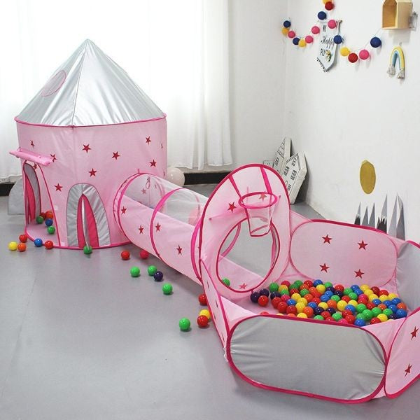 Set de Joaca pentru Copii 3-in-1, Cort Racheta Spatiala cu Tunel si Piscina pentru Bile, Poliester, 290 x 120 x 135 cm, Albastru/Roz