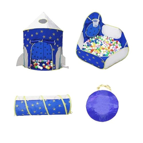 Set de Joaca pentru Copii, Cort Racheta Spatiala cu Tunel si Piscina Bile, Poliester, 290 x 120 x 135 cm, Albastru, 4 Piese
