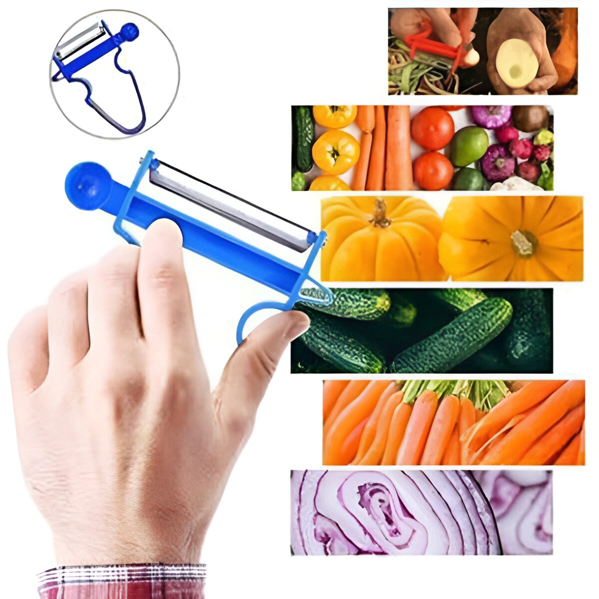 Set 3 Decoijtoare Multifuncționale pentru Legume și Fructe, Lame din Oțel Inoxidabil, Mâner Ergonomic Antiderapant, Set pentru Curățare, Feliere și Tăiere Julienne, Negru-Roșu-Albastru, 3 Piese