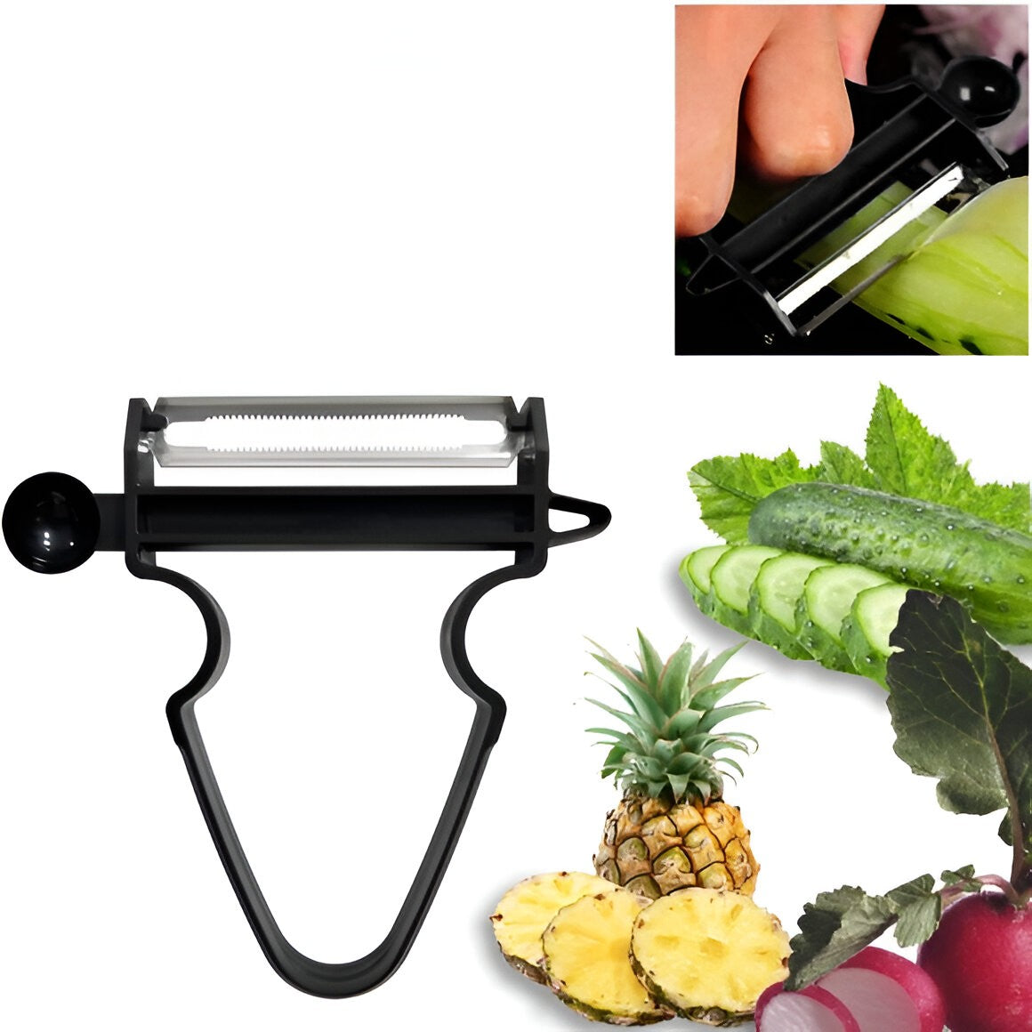 Set 3 Decoijtoare Multifuncționale pentru Legume și Fructe, Lame din Oțel Inoxidabil, Mâner Ergonomic Antiderapant, Set pentru Curățare, Feliere și Tăiere Julienne, Negru-Roșu-Albastru, 3 Piese