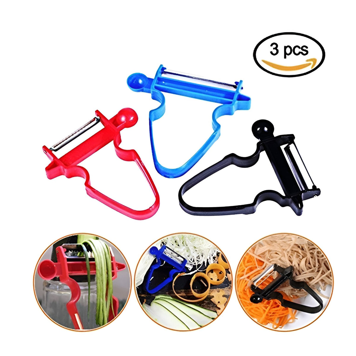 Set 3 Decoijtoare Multifuncționale pentru Legume și Fructe, Lame din Oțel Inoxidabil, Mâner Ergonomic Antiderapant, Set pentru Curățare, Feliere și Tăiere Julienne, Negru-Roșu-Albastru, 3 Piese