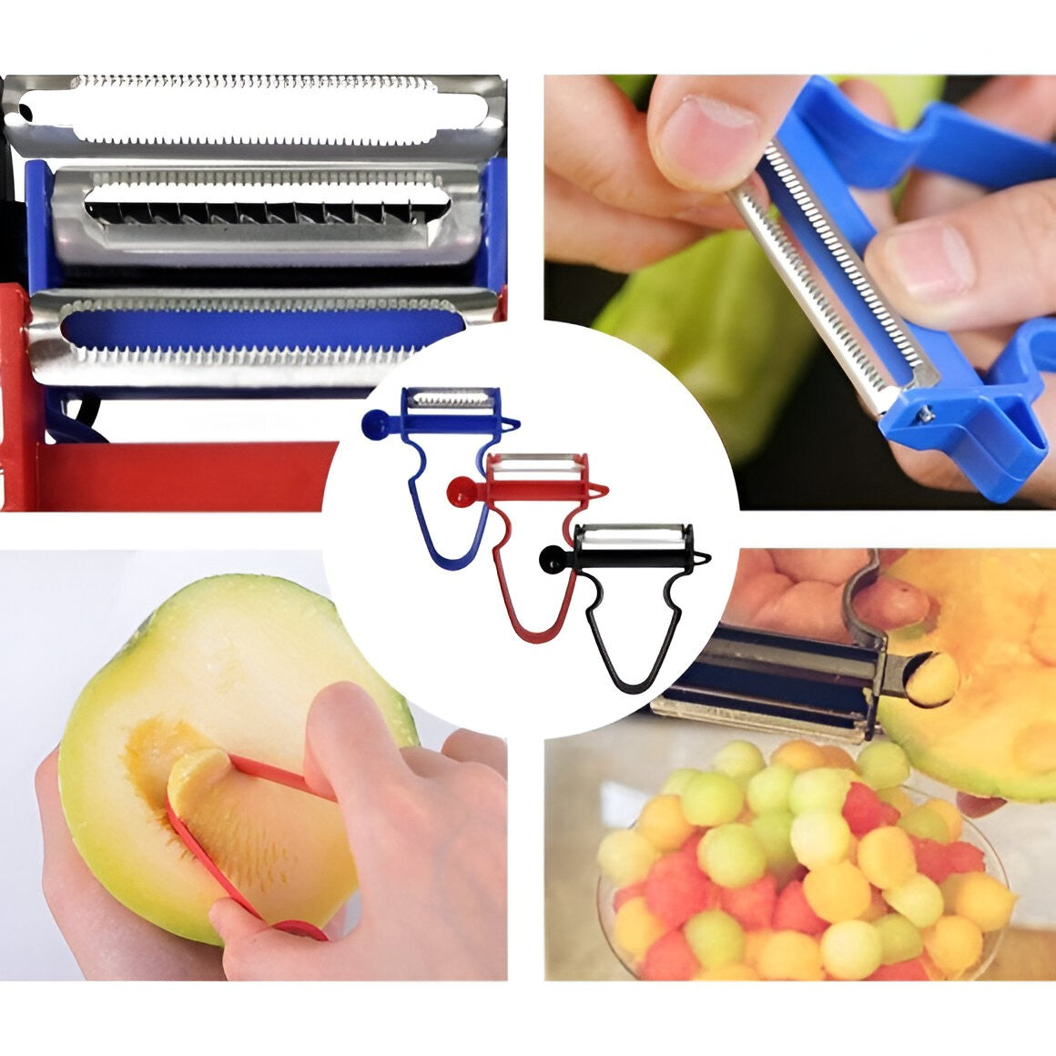 Set 3 Decoijtoare Multifuncționale pentru Legume și Fructe, Lame din Oțel Inoxidabil, Mâner Ergonomic Antiderapant, Set pentru Curățare, Feliere și Tăiere Julienne, Negru-Roșu-Albastru, 3 Piese
