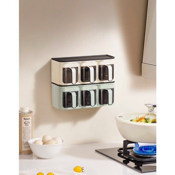 Organizator Condimente Suspendat, Cutie Depozitare cu Montare pe Perete Fara Gaurire, Set 3 Compartimente Etanse cu Lingurite, Plastic, 25.8 x 13.6 x 10.5 cm, Alb-Negru