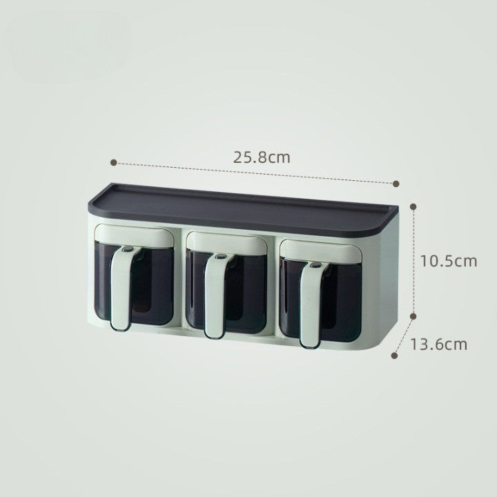 Organizator Condimente Montare Pe Perete, Cutie Depozitare Etansa Fara Gaurire, Plastic Rezistent, 3 Compartimente cu Lingurite, 25.8 x 13.6 x 10.5 cm, Verde-Negru