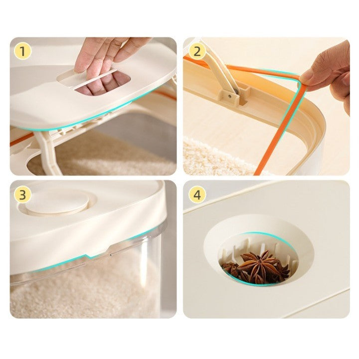 Cutie Depozitare Alimente Vrac, Recipient Sigilat cu Dozator Dublu și Filtru, Plastic Rezistent la Umiditate, Capacitate 10 kg, 37x26x19.5 cm, Alb