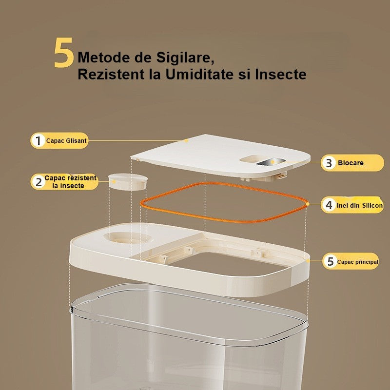 Cutie Depozitare Alimente Vrac, Recipient Sigilat cu Dozator Dublu și Filtru, Plastic Rezistent la Umiditate, Capacitate 10 kg, 37x26x19.5 cm, Alb
