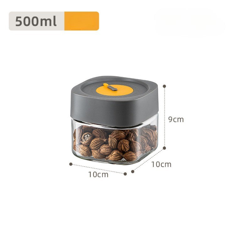 Borcan Alimentar din Sticla cu Capac Vid, Recipient Depozitare Etans, Forma Patrata, Supapa Aerisire, Transparent cu Capac Gri, 500 ml, 10 x 10 x 9 cm