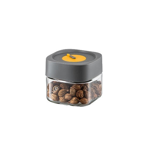 Borcan Alimentar din Sticla cu Capac Vid, Recipient Depozitare Etans, Forma Patrata, Supapa Aerisire, Transparent cu Capac Gri, 500 ml, 10 x 10 x 9 cm