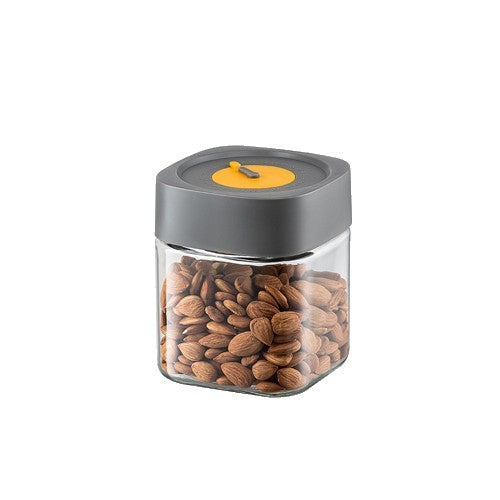 Borcan Alimentar din Sticla cu Capac Vid, Recipient Depozitare Ermetic, Design Patrat, Sistem de Conservare prin Vidare, Transparent cu Capac Gri, 750 ml, 10 x 10 x 12.5 cm