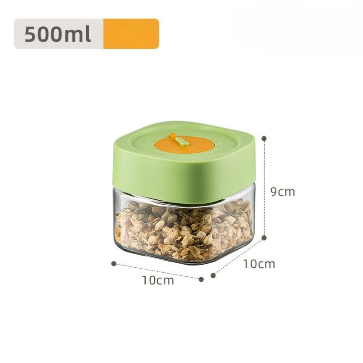 Borcan Alimentar din Sticla cu Sistem de Vidare, Inchidere Ermetica si Supapa, Design Patrat, 500 ml, Transparent cu Capac Verde/Gri, 10 x 10 x 9 cm