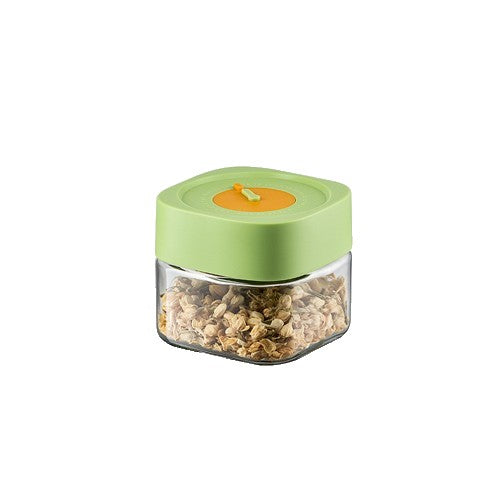 Borcan Alimentar din Sticla cu Sistem de Vidare, Inchidere Ermetica si Supapa, Design Patrat, 500 ml, Transparent cu Capac Verde/Gri, 10 x 10 x 9 cm