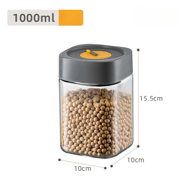 Borcan Alimentar din Sticla cu Capac Vid, Recipient Depozitare cu Inchidere Ermetica si Supapa, Design Patrat Modern, 1000 ml, 10 x 10 x 15.5 cm, Transparent cu Capac Gri