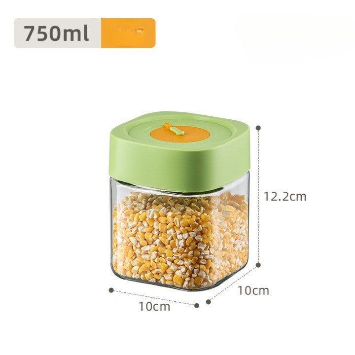 Borcan Alimentar din Sticla cu Capac Vid, Recipient Depozitare Etans cu Supapa de Aerisire, Forma Patrata, Transparent cu Verde, 750 ml, 10 x 10 x 12.5 cm