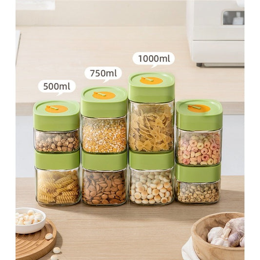 Borcan Alimentar din Sticla cu Capac Vid, Recipient Depozitare Ermetic, Design Patrat cu Supapa, Transparent cu Verde, 1000 ml, 10 x 10 x 15.5 cm