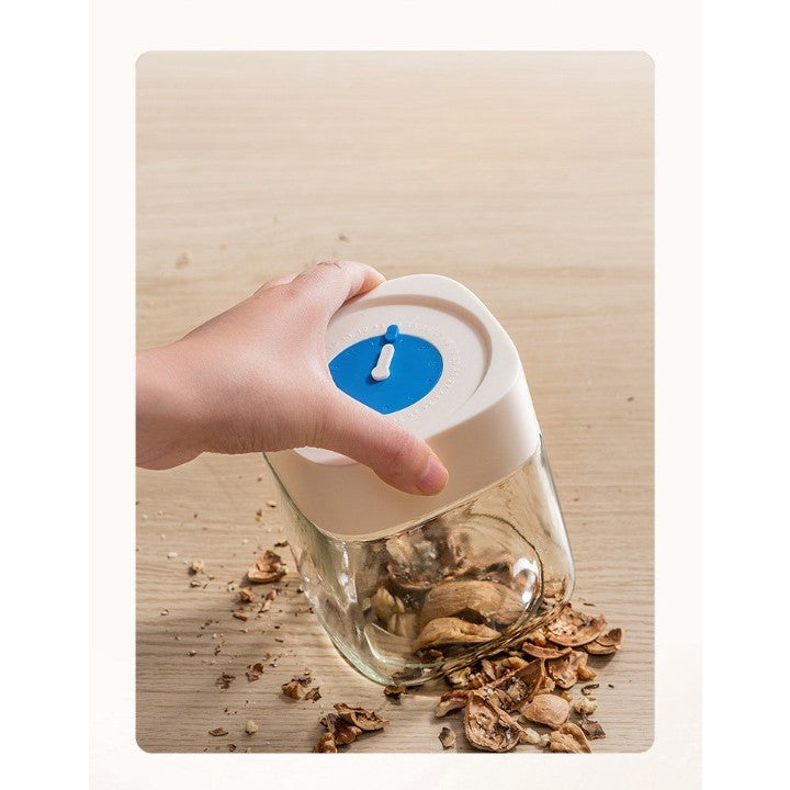 Borcan Depozitare Alimente cu Capac Ermetic, Busola pentru Urmarirea Datei si Etansare Silicon, Sticla Transparenta, 1000 mL, 10x10x15.5 cm, Alb