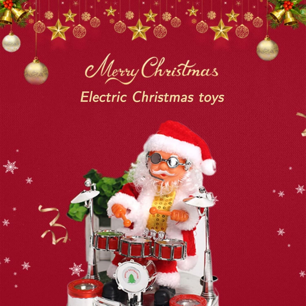 Moș Crăciun Interactiv cu Tobe, Decorațiune Animată care Cântă și Dansează, Figurina Muzicală Festivă, Material Textil și ABS, 20x17 cm, Roșu