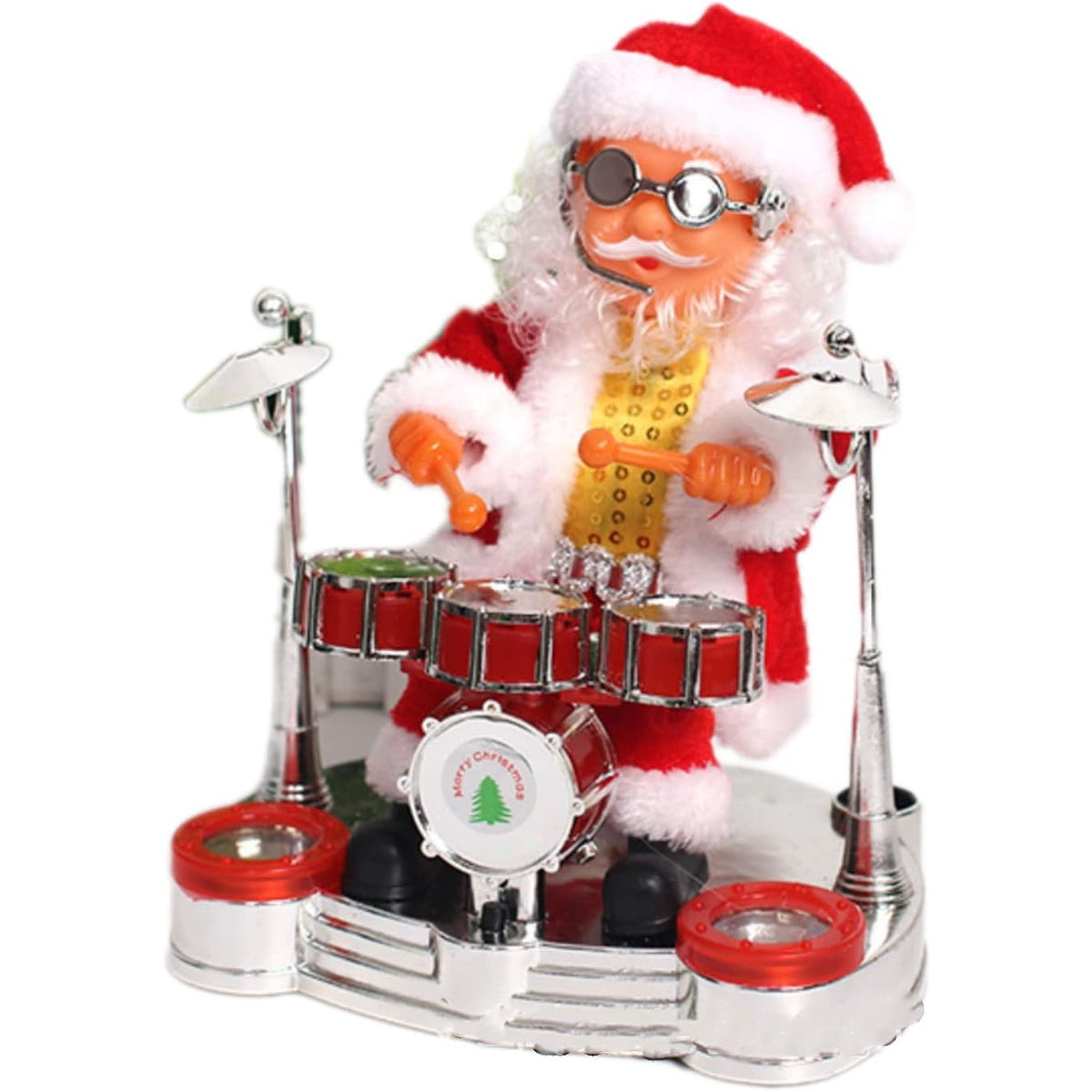 Moș Crăciun Interactiv cu Tobe, Decorațiune Animată care Cântă și Dansează, Figurina Muzicală Festivă, Material Textil și ABS, 20x17 cm, Roșu