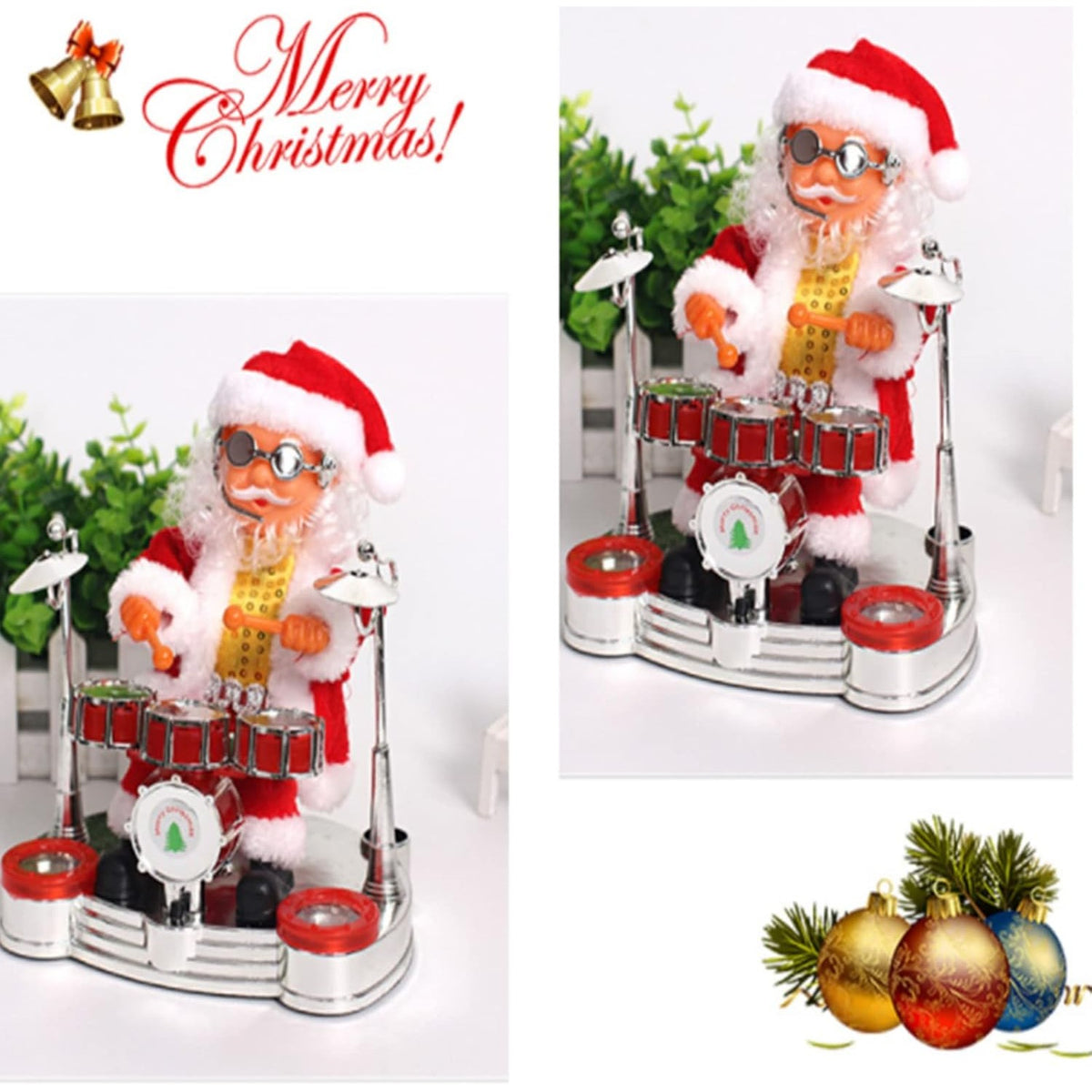 Moș Crăciun Interactiv cu Tobe, Decorațiune Animată care Cântă și Dansează, Figurina Muzicală Festivă, Material Textil și ABS, 20x17 cm, Roșu