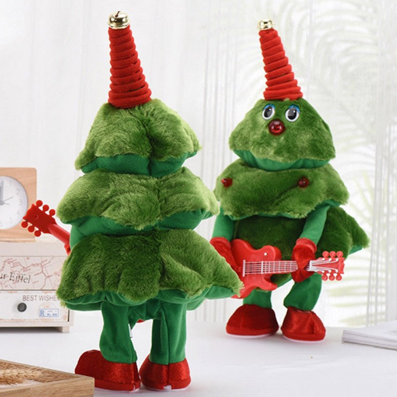 Bradut de Craciun Dansator si Cantaret, Jucarie Interactiva cu Lumini si Muzica, Decoratiune Textila cu Chitara, 25 cm, Verde