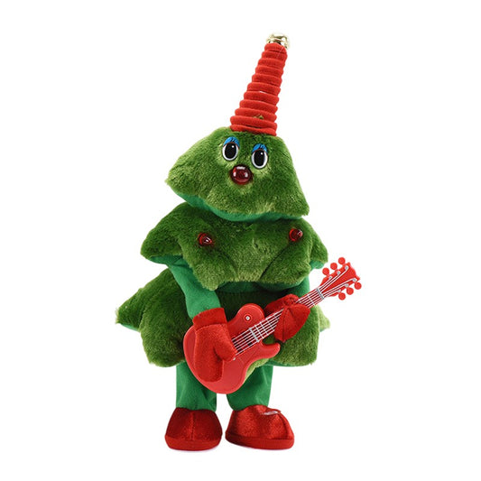 Bradut de Craciun Dansator si Cantaret, Jucarie Interactiva cu Lumini si Muzica, Decoratiune Textila cu Chitara, 25 cm, Verde